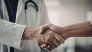 doctor shaking hands with nurse practitioner and creating referral network